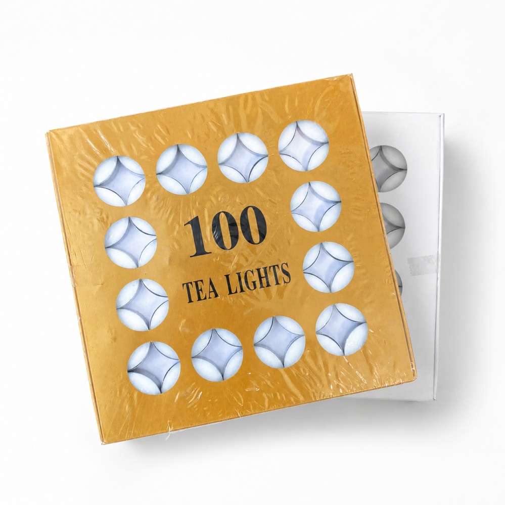100 Pack White Tea Light Candles in Gold Gift Box Packaging