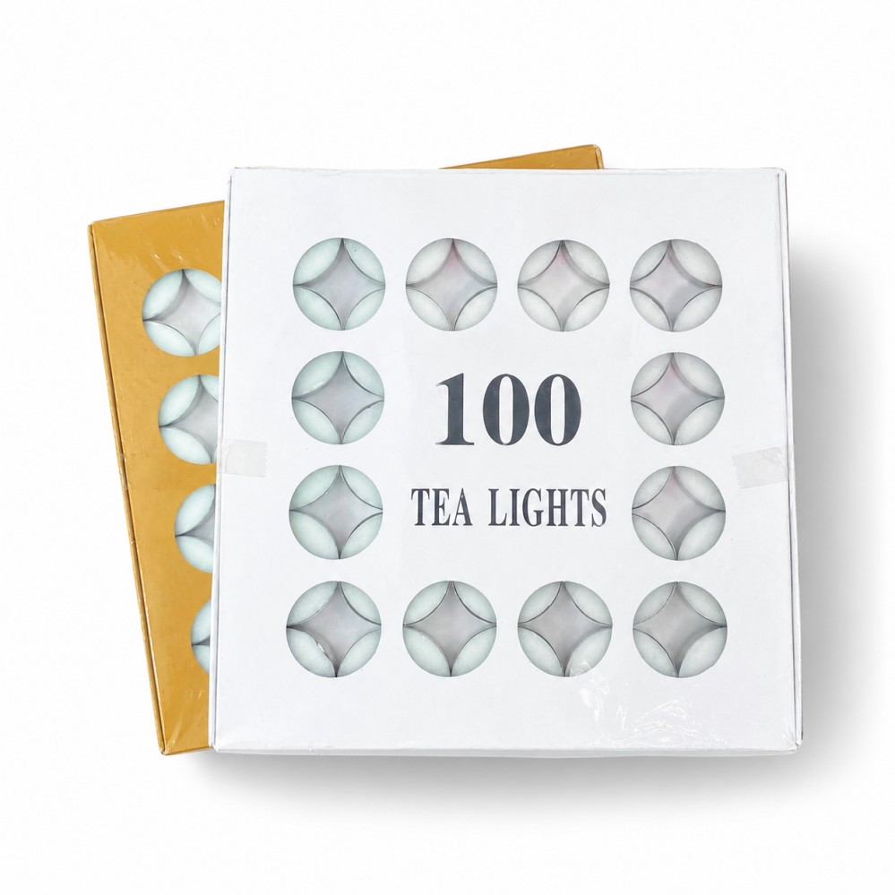 Premium 100 Pack White Unscented Tea Light Candles Gold Box Packaging for Weddings and Parties