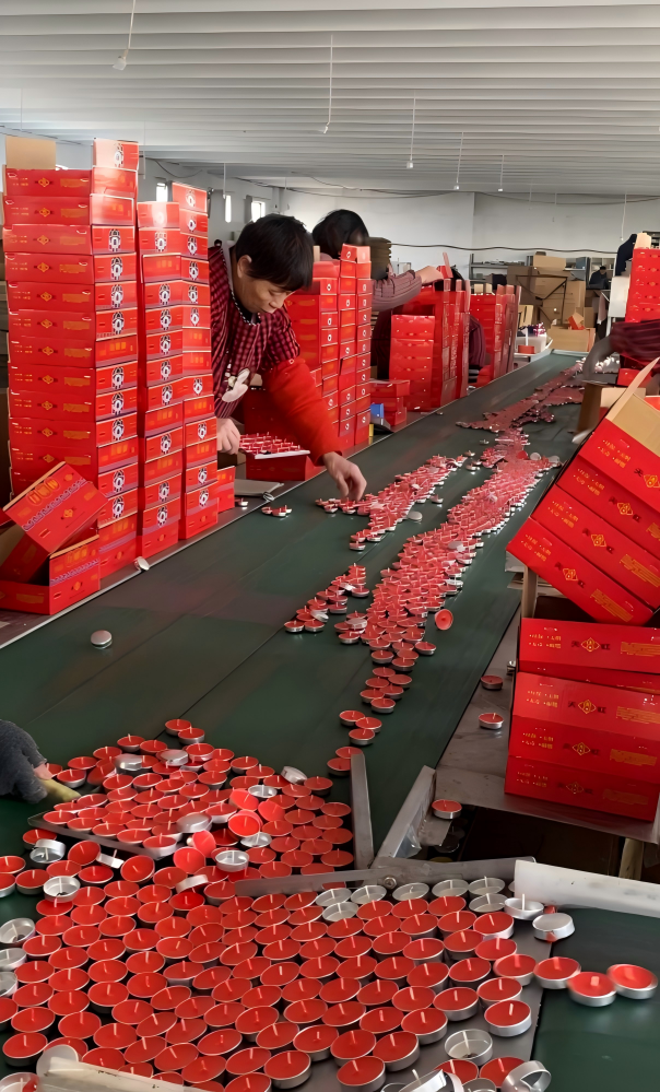 Bulk tea light candles packed in shrink-wrapped trays, 50-piece carton