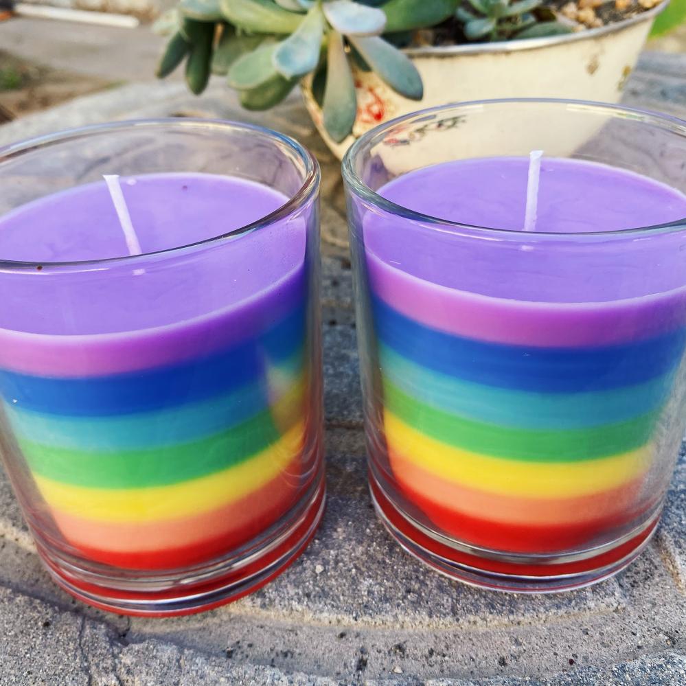 Colorful Handcrafted Rainbow Candle Made from Natural Soy Wax in Glass Container