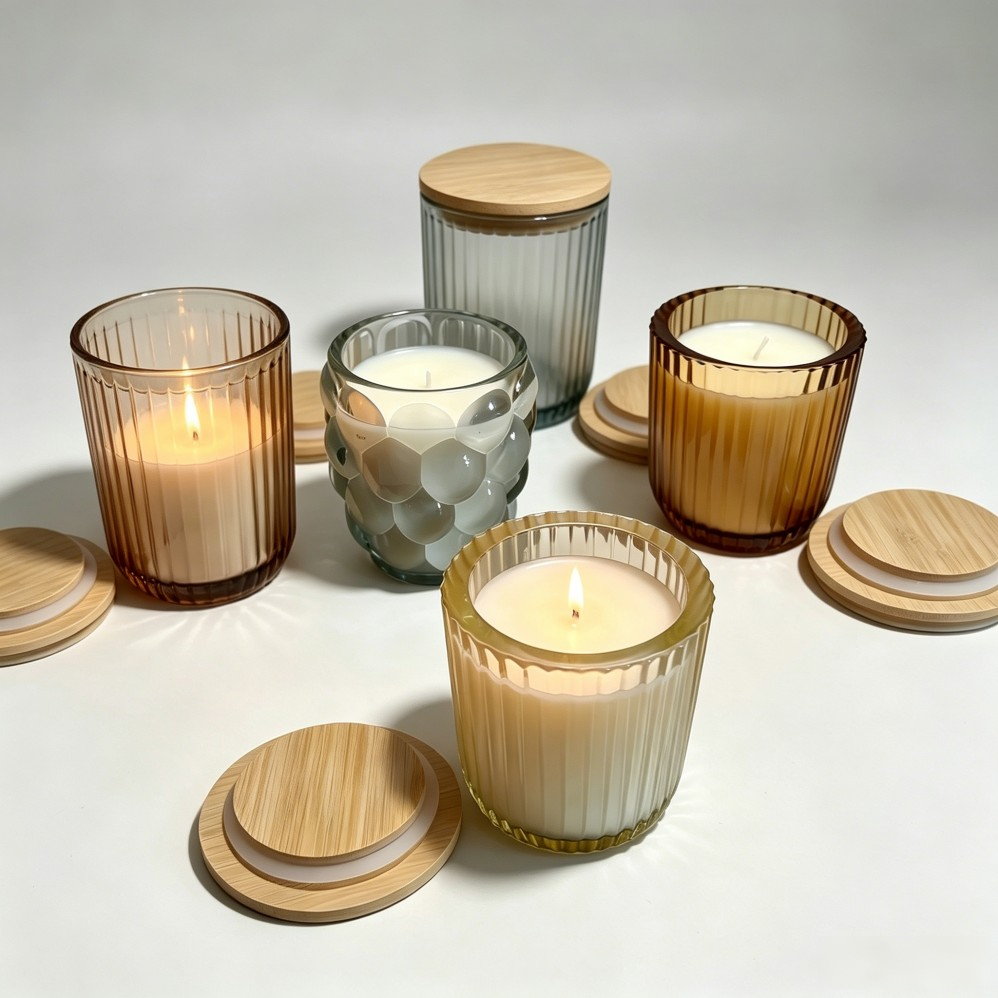 Scented candle surrounded by natural fragrance botanicals, custom aroma OEM candle