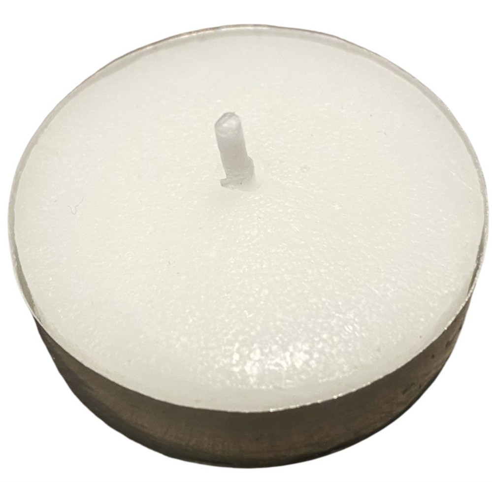 White unscented tea light candle, smooth wax surface, aluminum cup, product photo